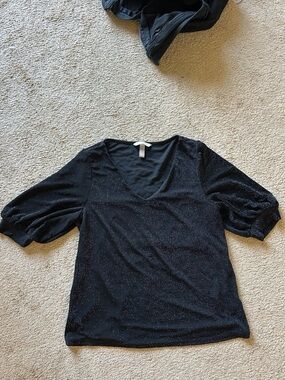 H&M Black V-Neck Glitter Puff-Sleeve Blouse